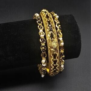 Gold Tone Black White Bangle Bracelet Set of Three Bollywood Made in India